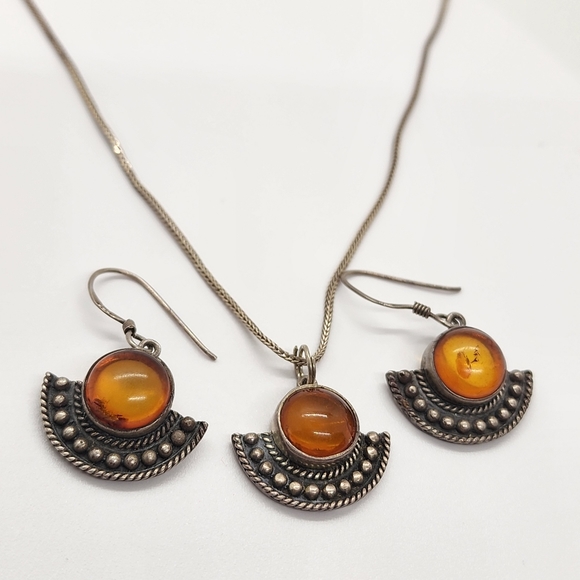 Vintage Boma 925 Sliver Amber Pendant & Earrings - Picture 11 of 14